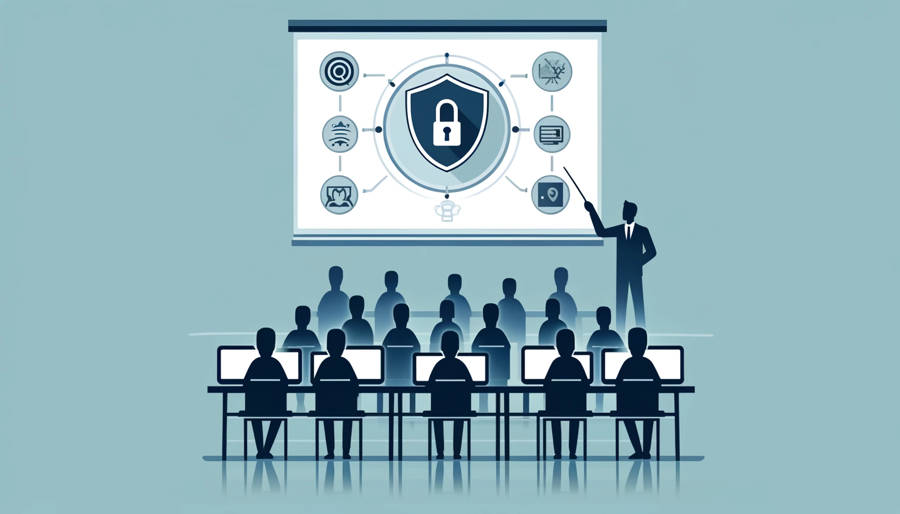 Abbildung zeigt einen Schulungsraum mit Personen, die an einer Cyber Security Schulung teilnehmen.
